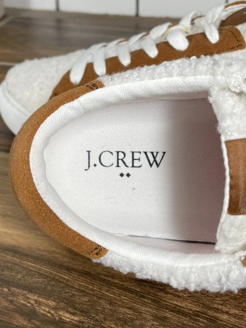 J. Crew Factory Striped Sherpa Road Trip Shoes Womens 7.5 White Brown Sneakers